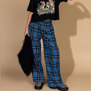 New! Dressed in LALA Rebel Road Plaid Wide Leg Trousers in Blue + Brown Pants -L
